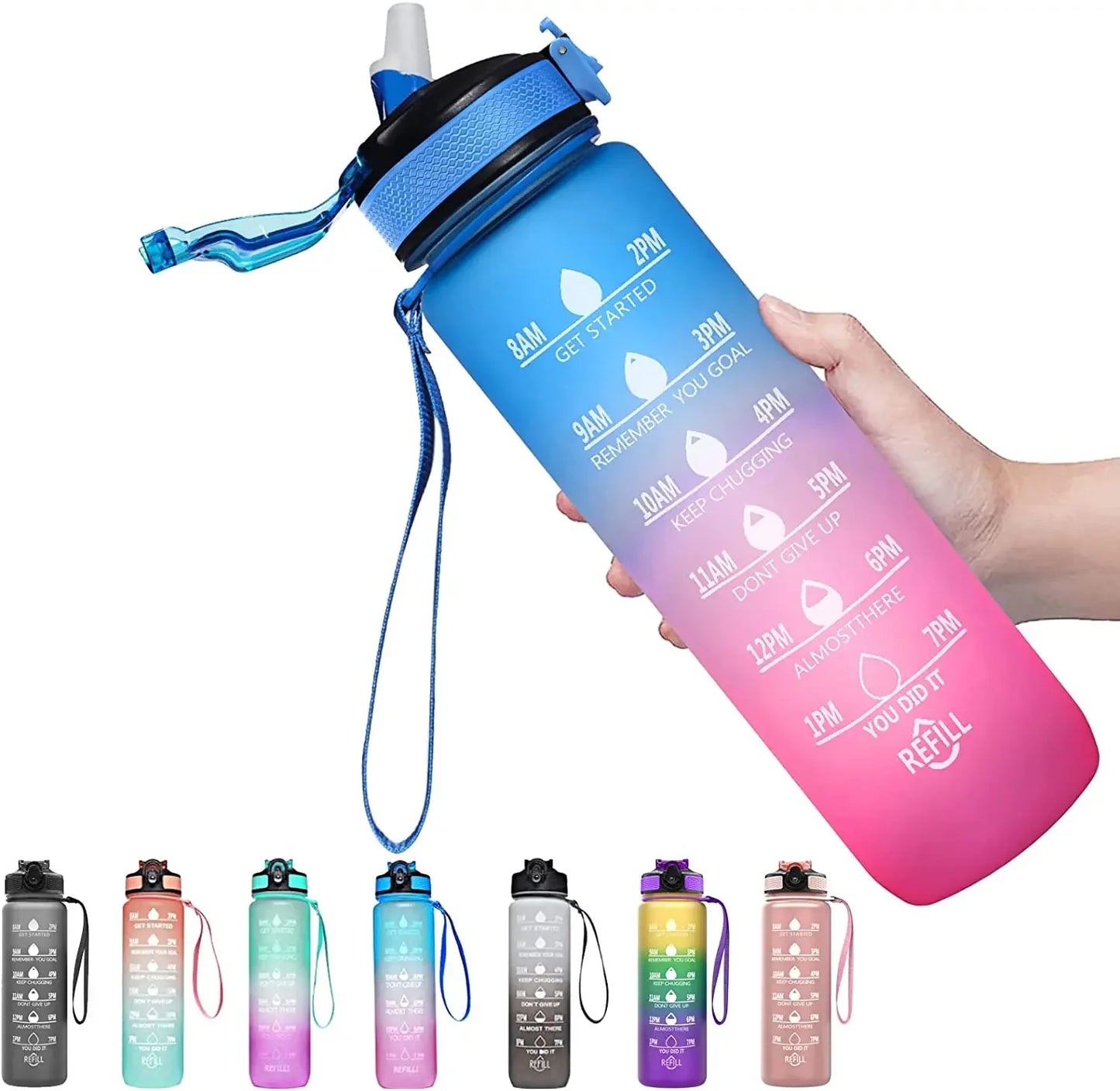1L Sports Water Bottle Straw Cup 1 Litro with Time Maker Leak-Proof BPA Free Frosted Cup For Outdoor Sports Drinking Bottle